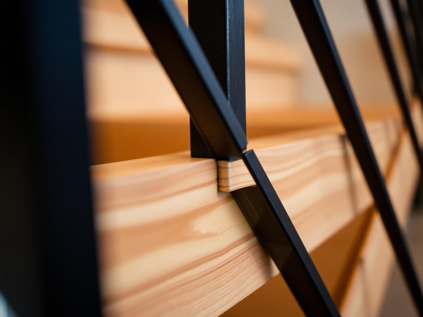 Close-up detail of custom steel and oak staircase craftsmanship
