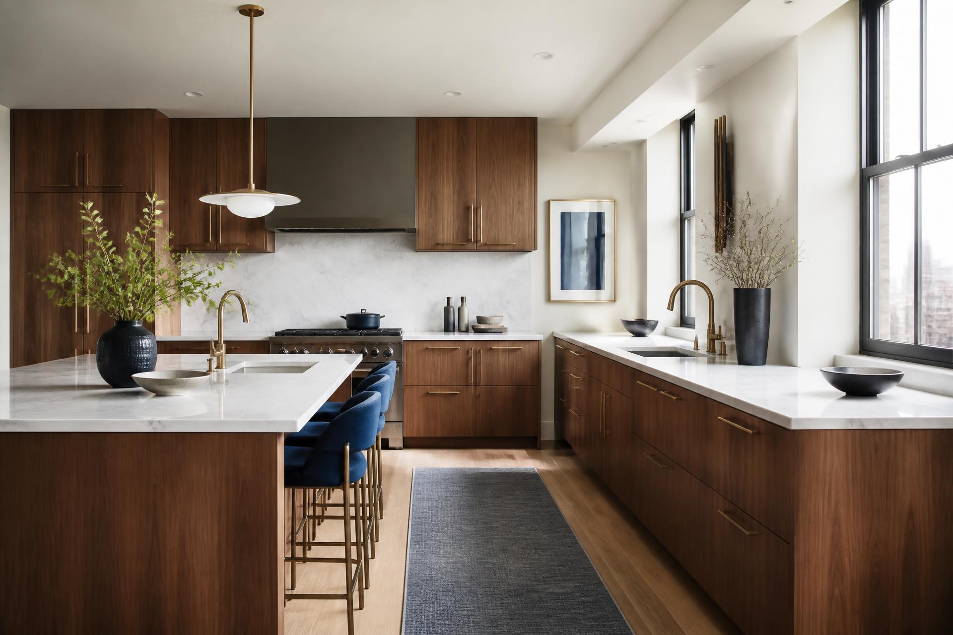 Modern renovated New York kitchen with walnut cabinetry